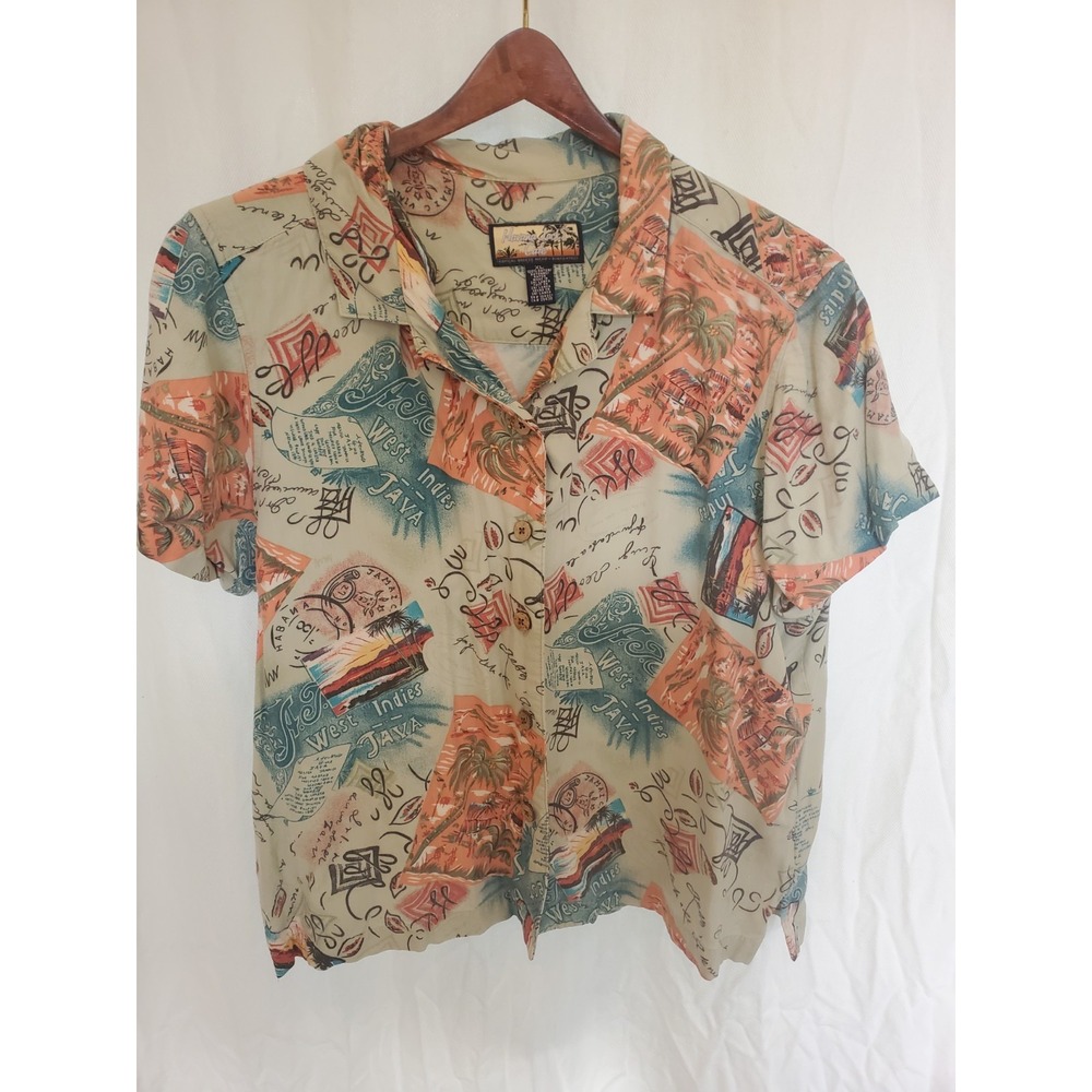 Havana Jack's Cafe Women XL Rayon Tropical West Indies Java Postcard Shirt Beige